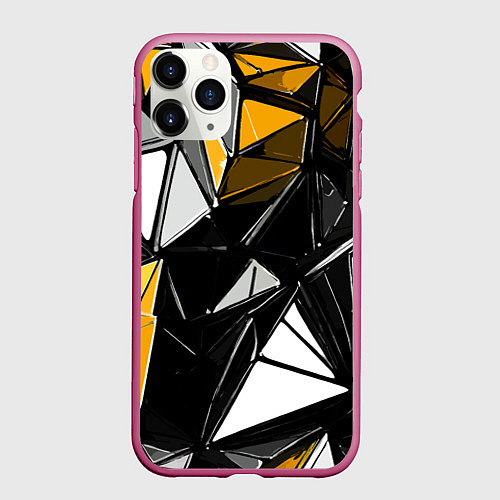 Чехол iPhone 11 Pro матовый Жёлто-белые рельефные треугольники на чёрном фоне / 3D-Малиновый – фото 1