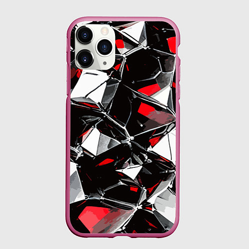Чехол iPhone 11 Pro матовый Красно-белый паттерн на чёрном фоне / 3D-Малиновый – фото 1