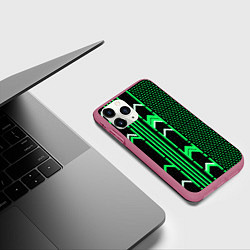 Чехол iPhone 11 Pro матовый Зелёные обои на чёрном фоне, цвет: 3D-малиновый — фото 2