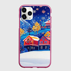Чехол iPhone 11 Pro матовый Новогодний городок в горах, цвет: 3D-малиновый