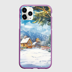 Чехол iPhone 11 Pro матовый Новогодний пейзаж - домики, цвет: 3D-фиолетовый