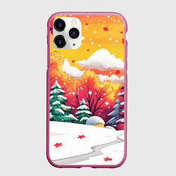 Чехол iPhone 11 Pro матовый Красно-желтые елочки, цвет: 3D-малиновый