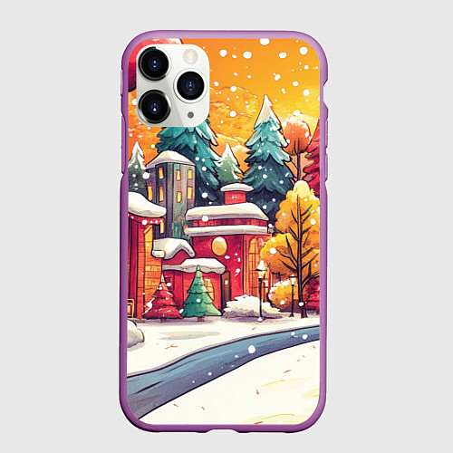Чехол iPhone 11 Pro матовый Новогодний город в оранжевых оттенках / 3D-Фиолетовый – фото 1