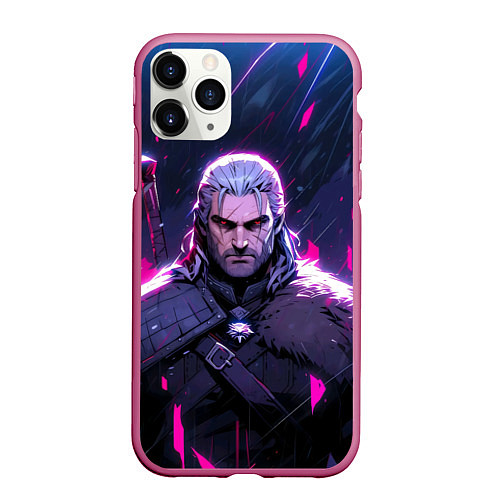 Чехол iPhone 11 Pro матовый Geralt - neon rain / 3D-Малиновый – фото 1