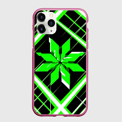 Чехол iPhone 11 Pro матовый Зелёно-белая звезда и полосы на чёрном фоне / 3D-Малиновый – фото 1