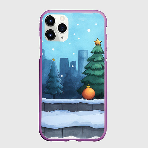 Чехол iPhone 11 Pro матовый Елки и елочные игрушки / 3D-Фиолетовый – фото 1
