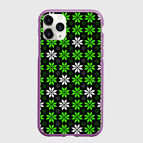 Чехол iPhone 11 Pro матовый Бело-зелёные звёзды на чёрном фоне / 3D-Фиолетовый – фото 1