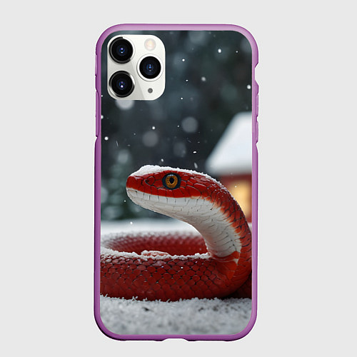 Чехол iPhone 11 Pro матовый Новогодняя красная змея / 3D-Фиолетовый – фото 1