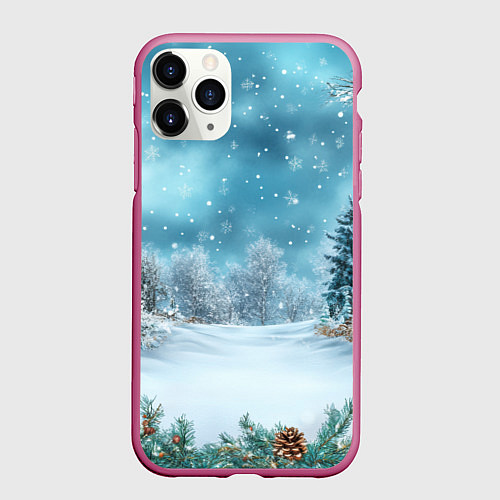 Чехол iPhone 11 Pro матовый Новогодний снег / 3D-Малиновый – фото 1