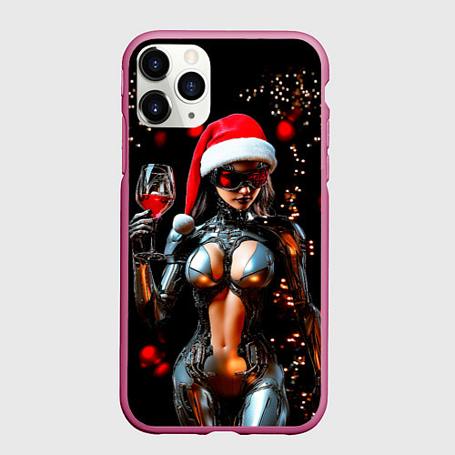 Чехол iPhone 11 Pro матовый Девушка киберпанк с фужером вина / 3D-Малиновый – фото 1