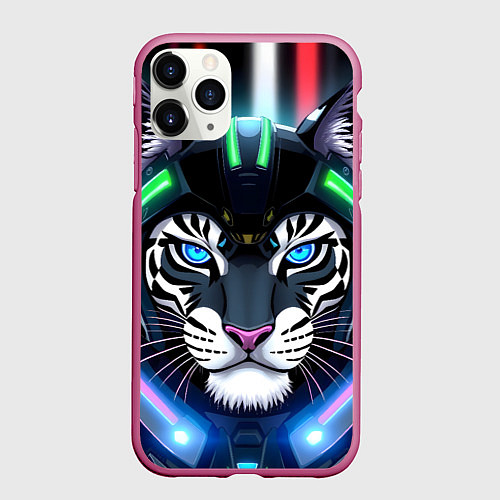 Чехол iPhone 11 Pro матовый Яркий неоновый кибер тигр / 3D-Малиновый – фото 1