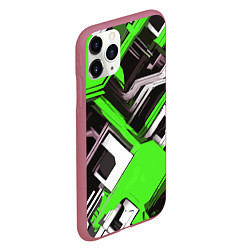 Чехол iPhone 11 Pro матовый Бело-зелёный техно паттерн на чёрном фоне, цвет: 3D-малиновый — фото 2