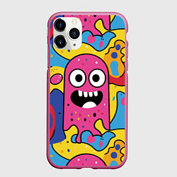 Чехол iPhone 11 Pro матовый Причудливый узор с улыбающимся персонажем, цвет: 3D-малиновый