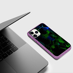 Чехол iPhone 11 Pro матовый Сине-зелёные точки и линии на чёрном фоне, цвет: 3D-фиолетовый — фото 2