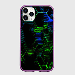 Чехол iPhone 11 Pro матовый Сине-зелёные точки и линии на чёрном фоне, цвет: 3D-фиолетовый