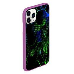 Чехол iPhone 11 Pro матовый Сине-зелёные точки и линии на чёрном фоне, цвет: 3D-фиолетовый — фото 2