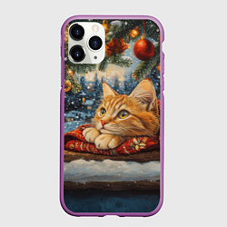 Чехол iPhone 11 Pro матовый Рыжий новогодний кот, цвет: 3D-фиолетовый