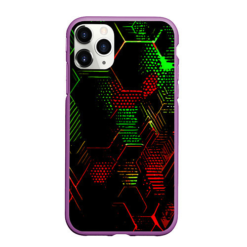 Чехол iPhone 11 Pro матовый Красно-зелёные точки и линии на чёрном фоне / 3D-Фиолетовый – фото 1