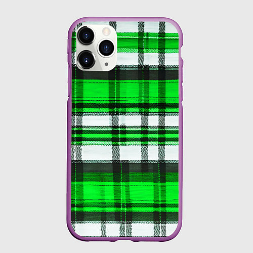 Чехол iPhone 11 Pro матовый Зелёно-белая ткань в клетку / 3D-Фиолетовый – фото 1
