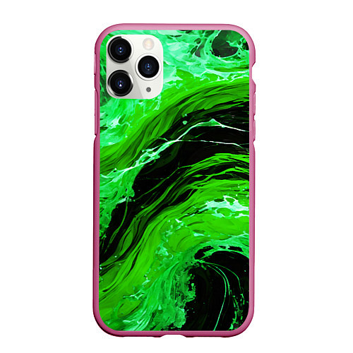 Чехол iPhone 11 Pro матовый Зелёные брызги на чёрном фоне / 3D-Малиновый – фото 1