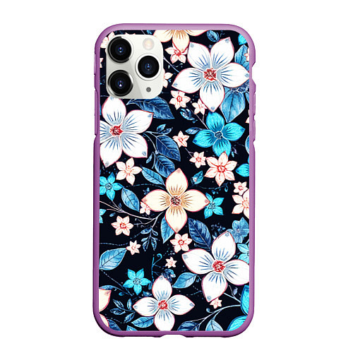 Чехол iPhone 11 Pro матовый Сине-белые цветы на чёрном фоне / 3D-Фиолетовый – фото 1