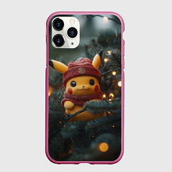 Чехол iPhone 11 Pro матовый Новогодний Пикачу на зеленой елке, цвет: 3D-малиновый