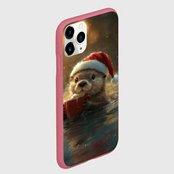 Чехол iPhone 11 Pro матовый Выдра с кофе на новый год, цвет: 3D-малиновый — фото 2