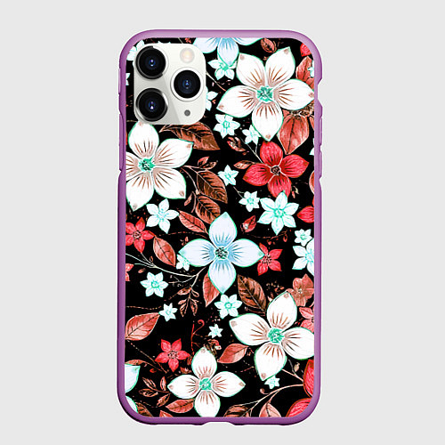 Чехол iPhone 11 Pro матовый Красно-белые цветы на чёрном фоне / 3D-Фиолетовый – фото 1
