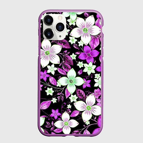 Чехол iPhone 11 Pro матовый Фиолетово-белые цветы на чёрном фоне / 3D-Фиолетовый – фото 1