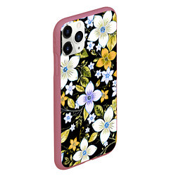 Чехол iPhone 11 Pro матовый Жёлто-белые цветы на чёрном фоне, цвет: 3D-малиновый — фото 2