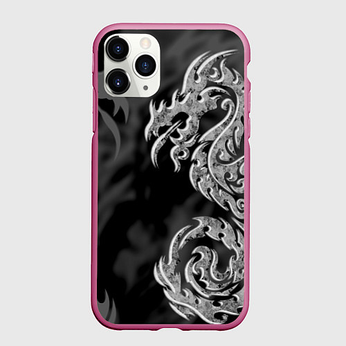 Чехол iPhone 11 Pro матовый Серый дракон трайбл / 3D-Малиновый – фото 1