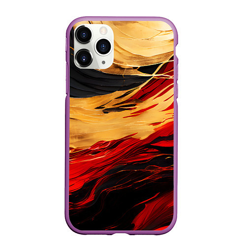 Чехол iPhone 11 Pro матовый Красно-золотые волны на чёрном фоне / 3D-Фиолетовый – фото 1