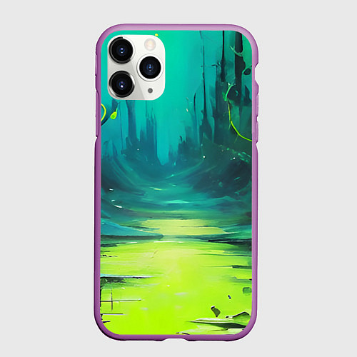 Чехол iPhone 11 Pro матовый Зелёная кислотная абстракция / 3D-Фиолетовый – фото 1