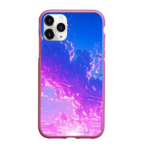 Чехол iPhone 11 Pro матовый Розовые тучи на голубом небе киберпанк / 3D-Малиновый – фото 1