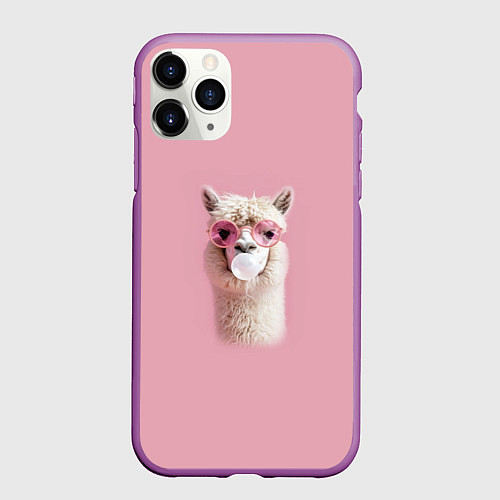 Чехол iPhone 11 Pro матовый Лама альпака в очках с жевательной резинкой / 3D-Фиолетовый – фото 1