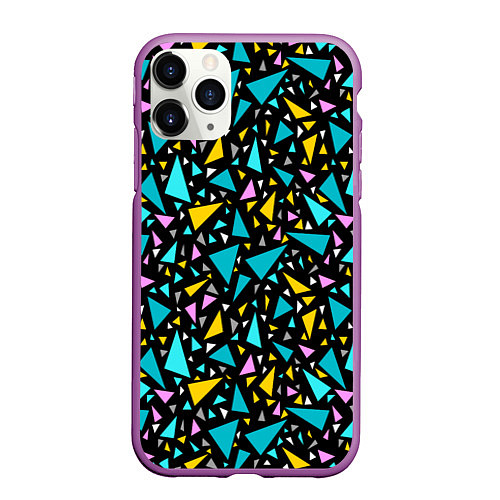 Чехол iPhone 11 Pro матовый Разноцветные яркие треугольники на черном / 3D-Фиолетовый – фото 1
