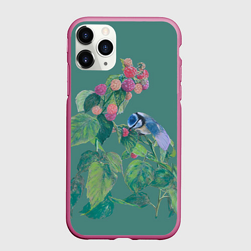 Чехол iPhone 11 Pro матовый Малина и синичка / 3D-Малиновый – фото 1
