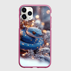 Чехол iPhone 11 Pro матовый Синяя змея в снежной елке, цвет: 3D-малиновый