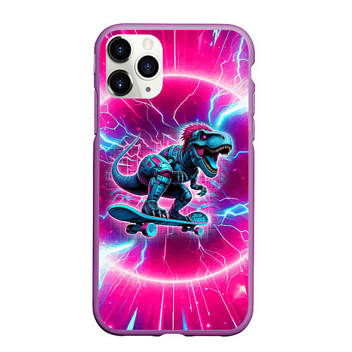 Чехол iPhone 11 Pro матовый Cyber tyrannosaurus is a cool skateboarder / 3D-Фиолетовый – фото 1