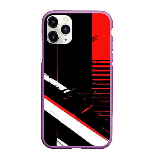 Чехол iPhone 11 Pro матовый Красно белые полосы на чёрном фоне / 3D-Фиолетовый – фото 1