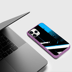 Чехол iPhone 11 Pro матовый Полосы на чёрном фоне сине-белые, цвет: 3D-фиолетовый — фото 2