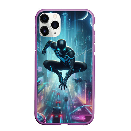 Чехол iPhone 11 Pro матовый Spider-man in the neon metropolis / 3D-Фиолетовый – фото 1