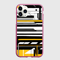 Чехол iPhone 11 Pro матовый Жёлто-белые технологические линии на чёрном фоне
