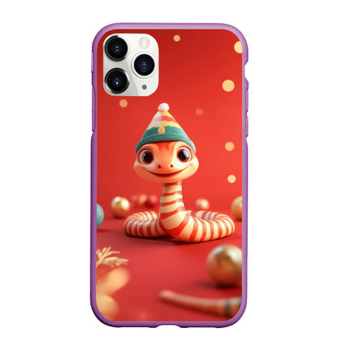 Чехол iPhone 11 Pro матовый Змейка в красном новогоднем интерьере / 3D-Фиолетовый – фото 1