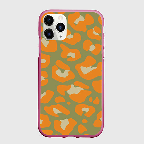 Чехол iPhone 11 Pro матовый Рыже-зеленый леопардовый / 3D-Малиновый – фото 1