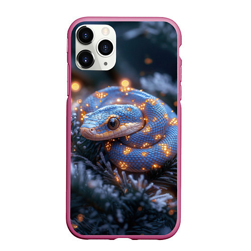 Чехол iPhone 11 Pro матовый Змея с искорками новогодними / 3D-Малиновый – фото 1