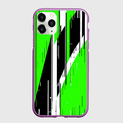 Чехол iPhone 11 Pro матовый Чёрно-белые вертикальные полосы на зелёном фоне / 3D-Фиолетовый – фото 1