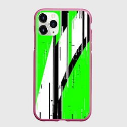 Чехол iPhone 11 Pro матовый Black and white vertical stripes on a green backgr, цвет: 3D-малиновый