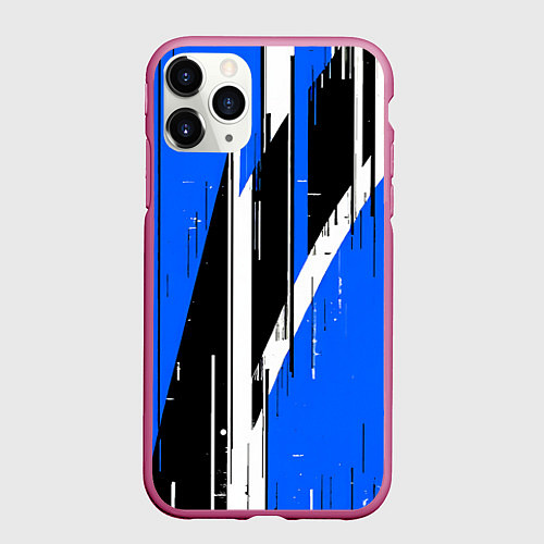 Чехол iPhone 11 Pro матовый Чёрно-белые вертикальные полосы на синем фоне / 3D-Малиновый – фото 1