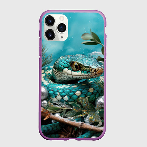 Чехол iPhone 11 Pro матовый Зеленая змея новый год / 3D-Фиолетовый – фото 1
